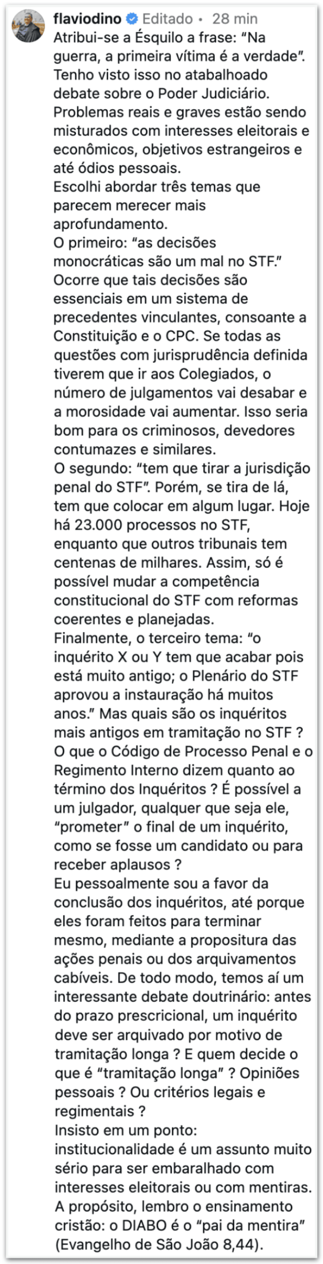 Dino defende decisões monocráticas e questiona fim de inquéritos no STF