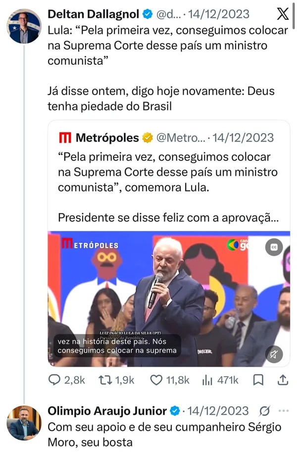 Vereador do PL aliado de Moro já atacou ex-juiz por abraço em Dino