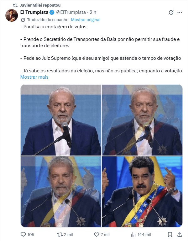 Milei compartilha post comparando Lula a Maduro após prorrogação da votação
