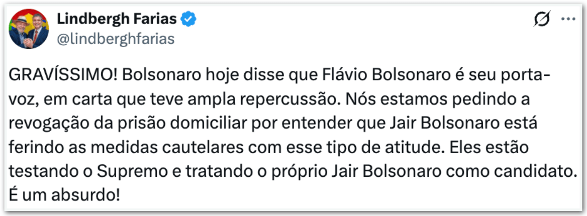 Lindbergh pede revogação da prisão domiciliar de Bolsonaro após carta