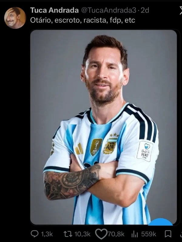 Tuca Andrada detona Messi: "Otário, escroto, racista"