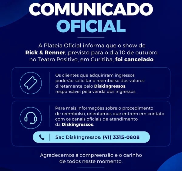 Show de Rick e Renner que aconteceria em Curitiba é cancelado