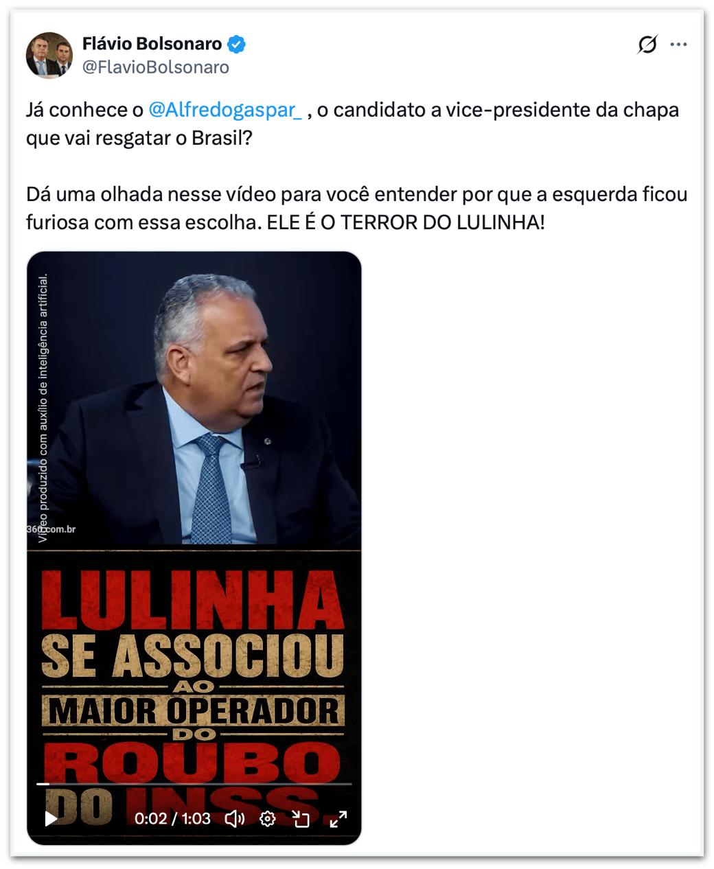 Flávio posta vídeo apresentando vice: “O terror do Lulinha”