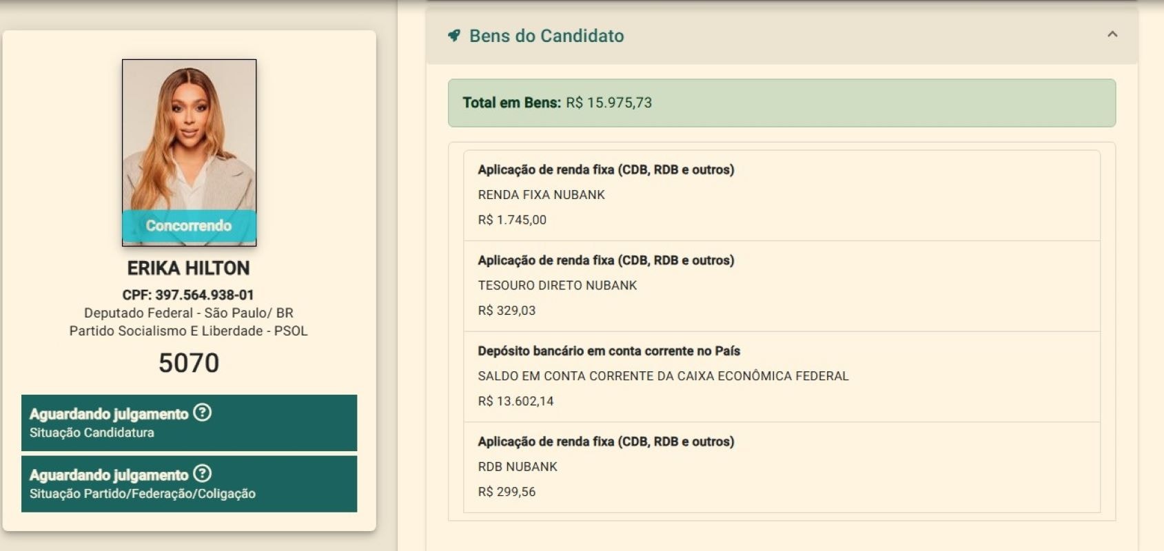 Erika Hilton declara R$ 15 mil de patrimônio ao TSE