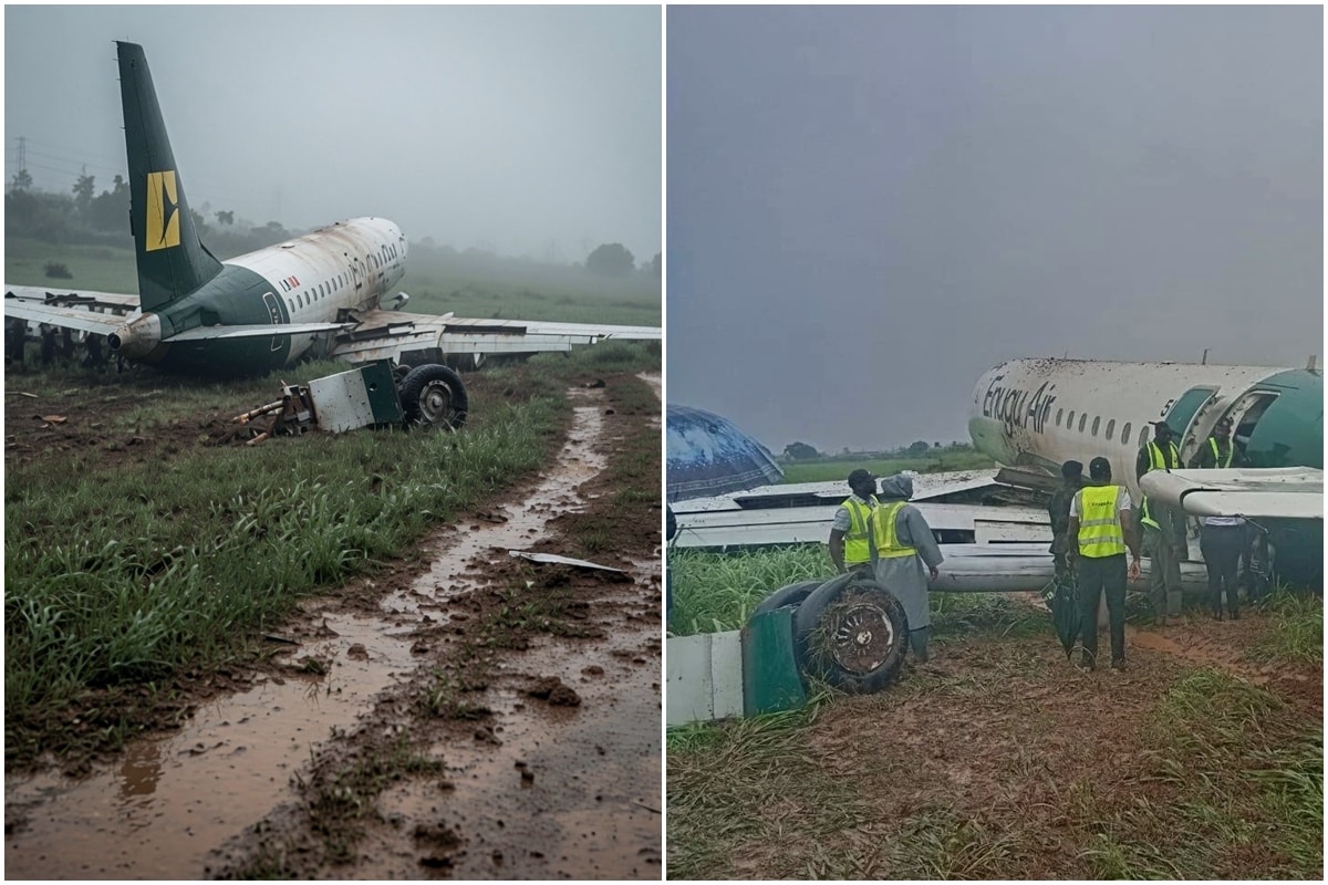 Avião atola na lama após sair da pista de pouso na Nigéria
