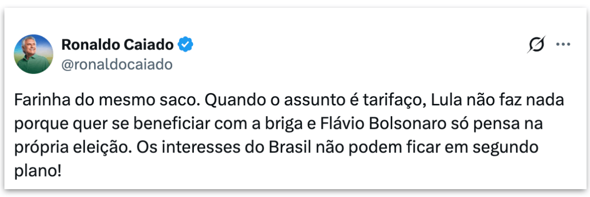 Caiado critica Lula e Flávio pelo tarifaço: “Farinha do mesmo saco”