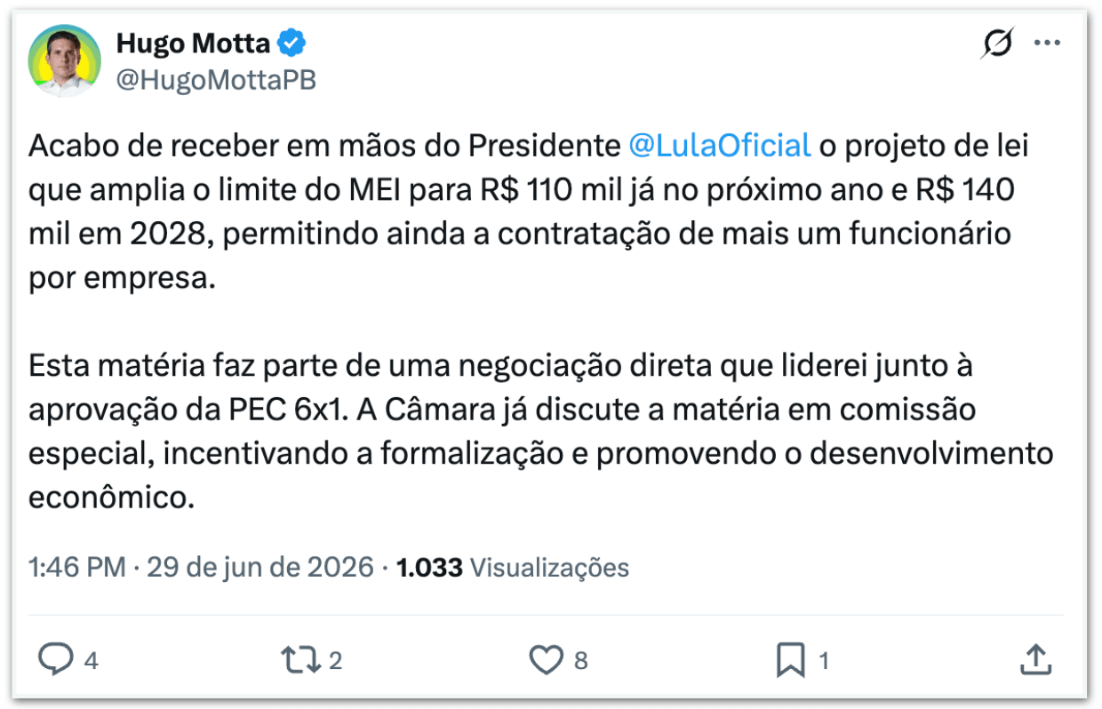Lula envia PL que amplia teto do MEI para R$ 110 mil em 2027