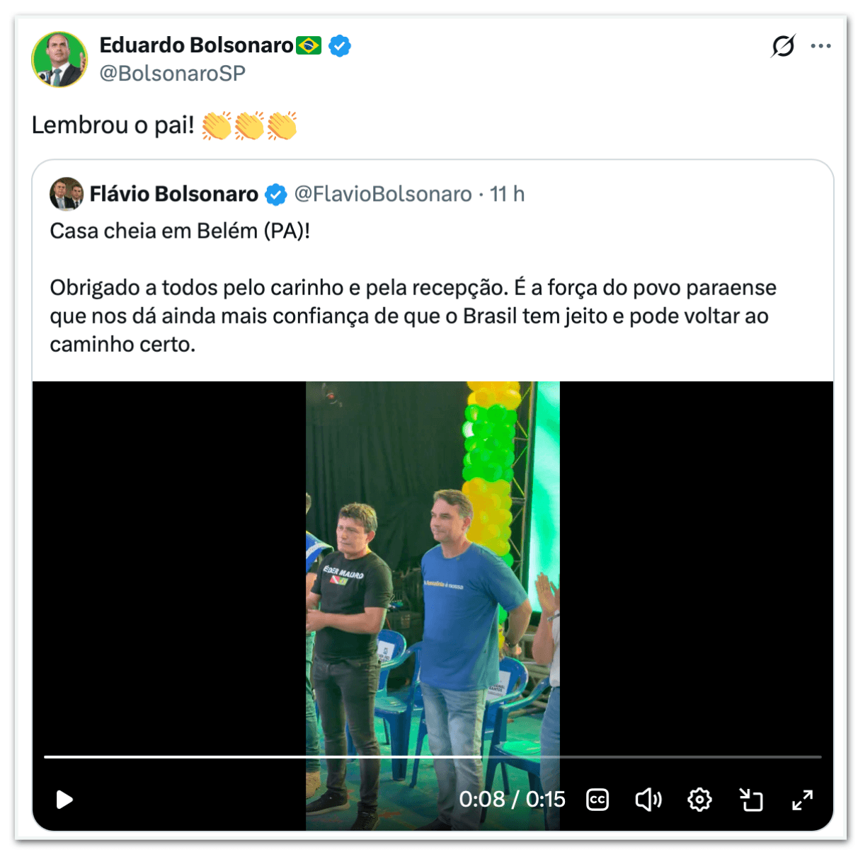 Eduardo posta recepção de Flávio em Belém: “Lembrou o pai”