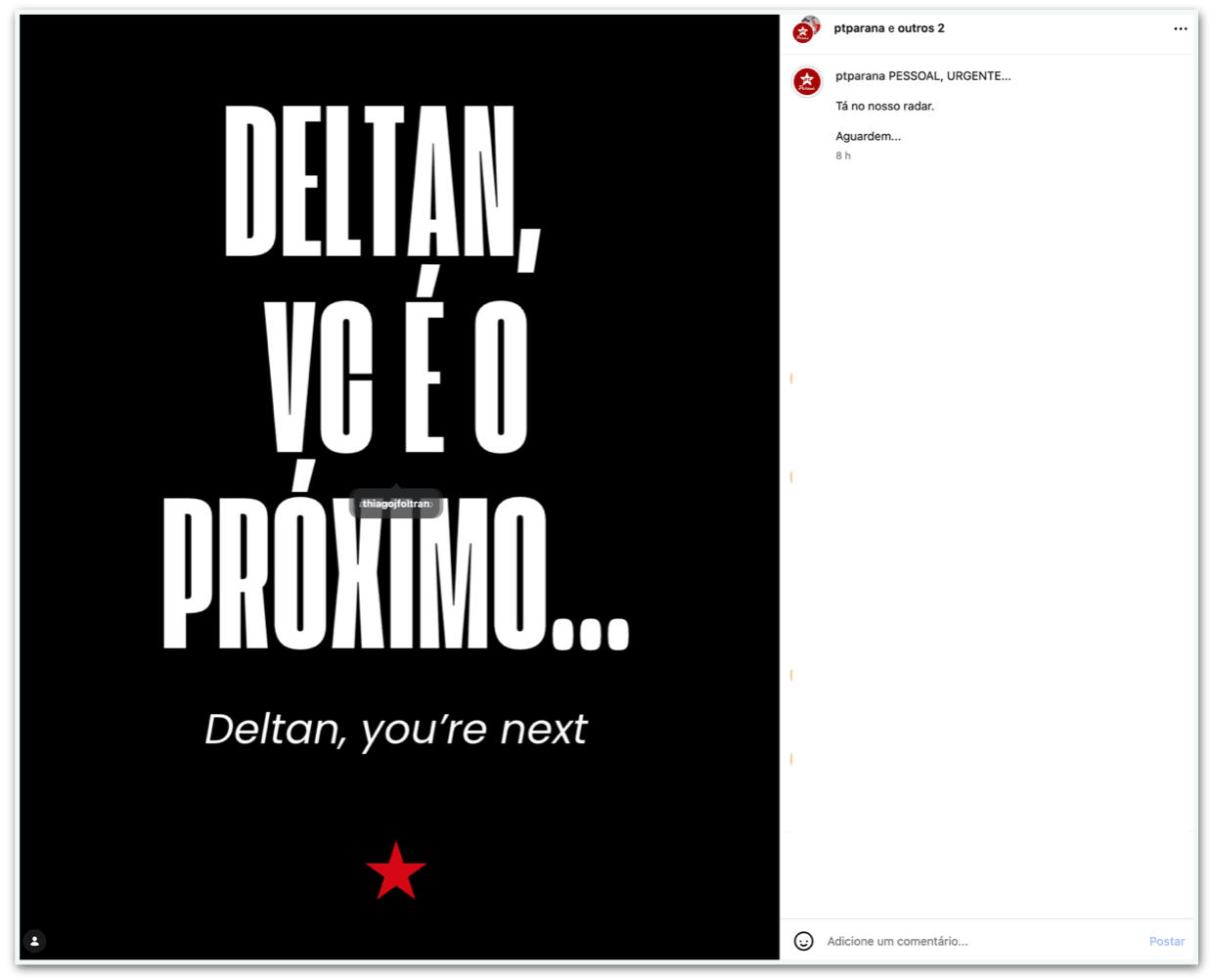 PT do Paraná publica mensagem a Dallagnol: “Você é o próximo”