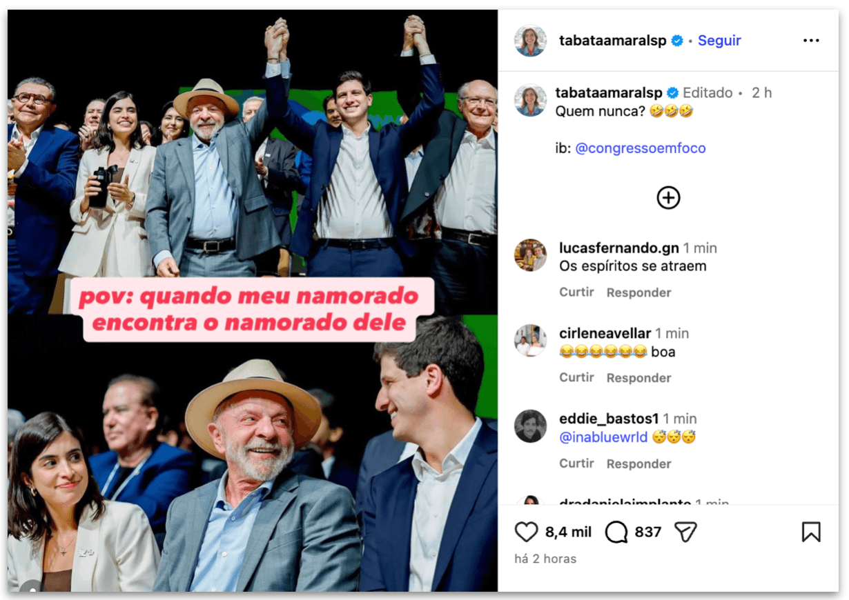 Tabata brinca sobre foto de João Campos com Lula: “Namorado dele”