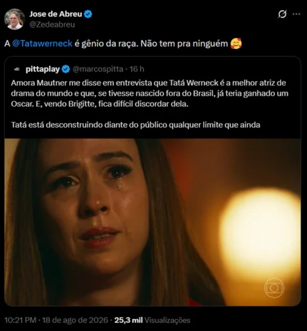 José de Abreu rasga elogios a Tatá Werneck: “Gênio da raça”