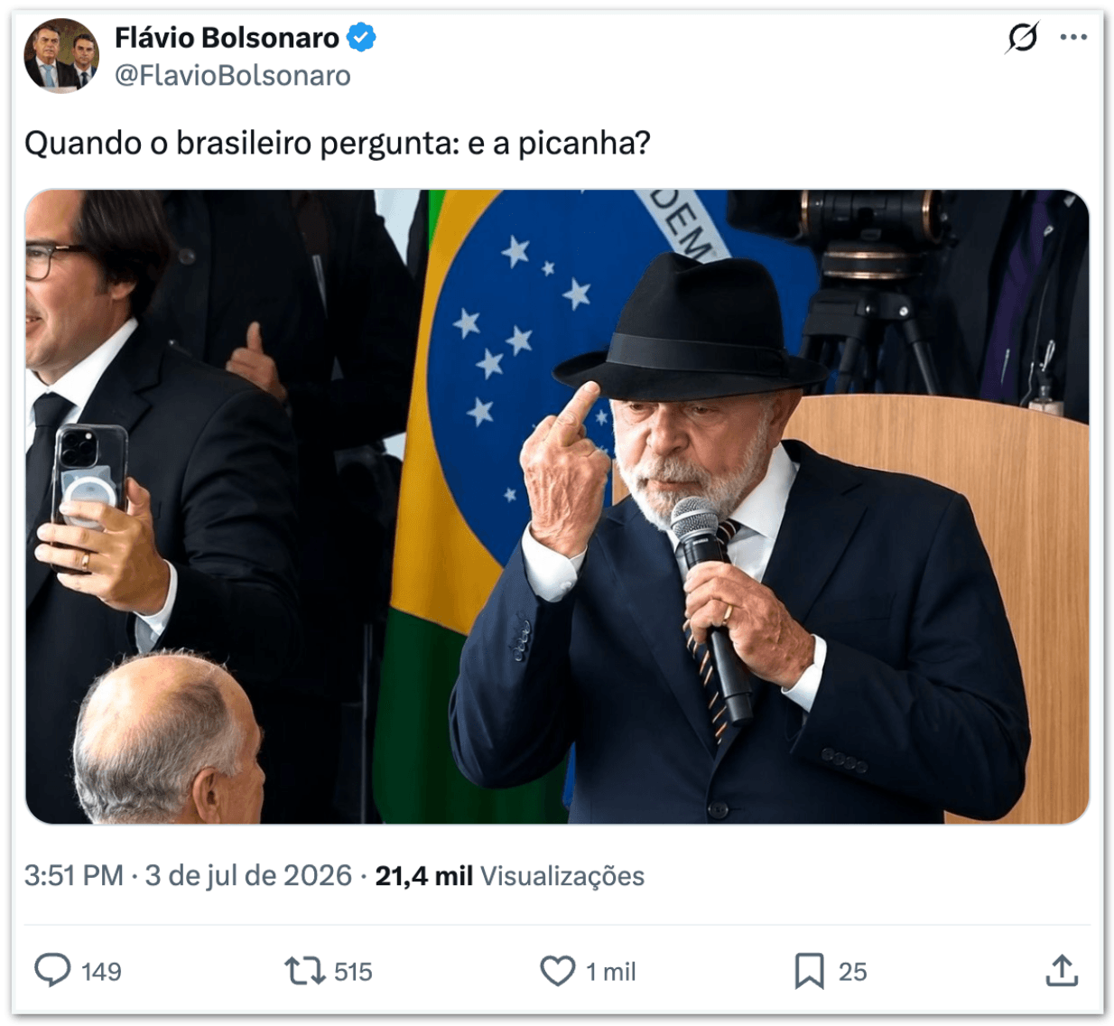 Lula mostra dedo do meio ao defender que pobre “gosta de coisa boa”