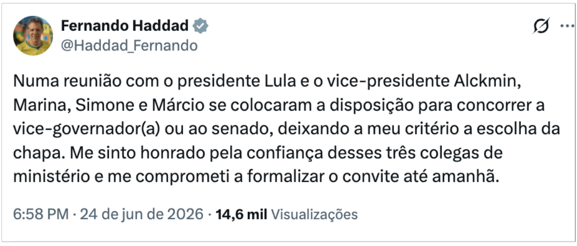 Após reunião com Lula, Haddad diz que definirá chapa na 5ª feira