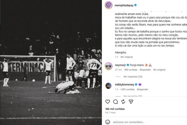 Neymar comenta publicação de Memphis Depay e se solidariza com o jogador