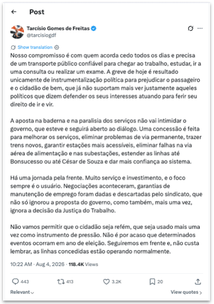 Maquinistas da CPTM e oposição a Tarcísio criticam governador por greve