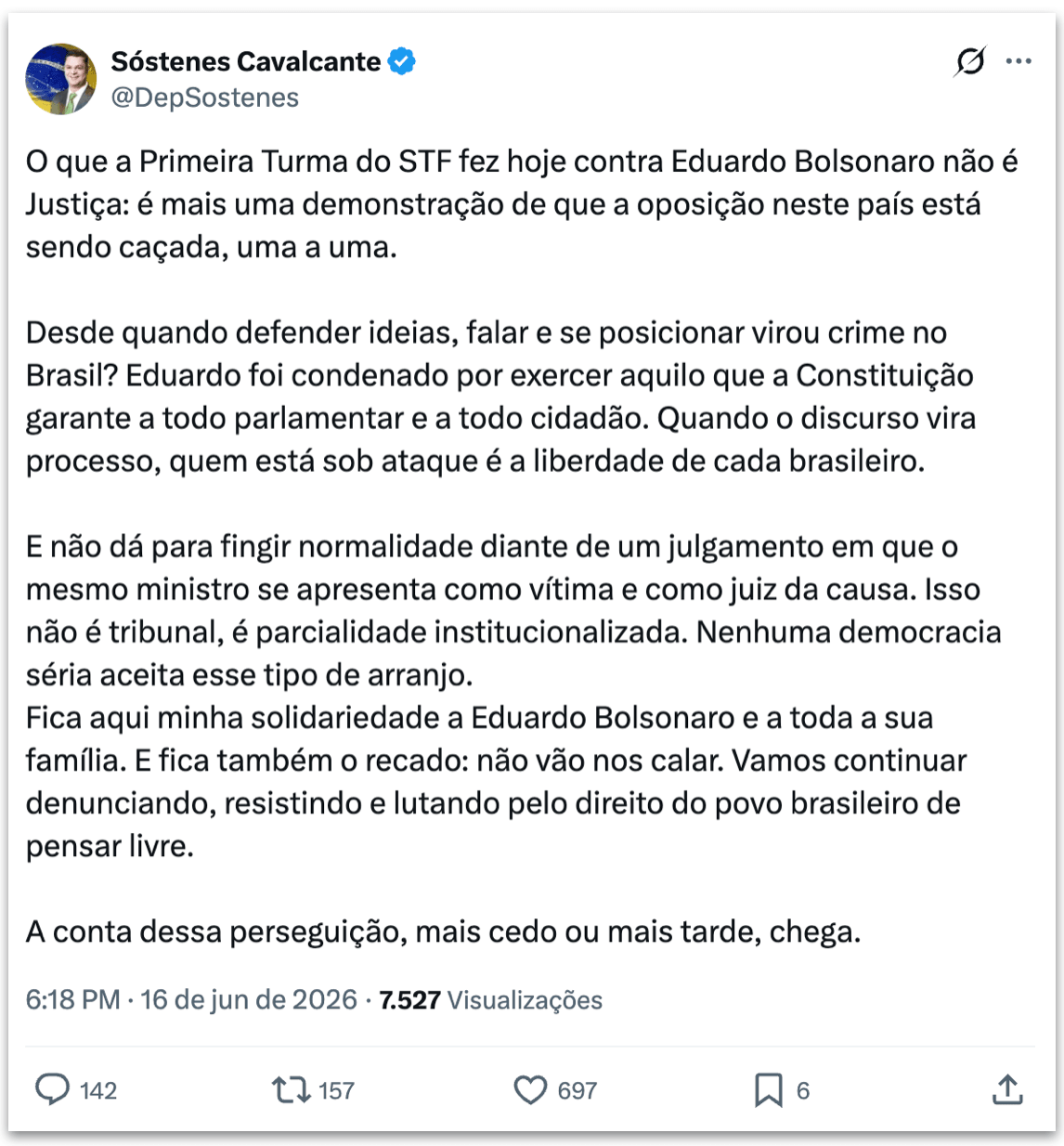 PL vê “perseguição” após condenação de Eduardo Bolsonaro
