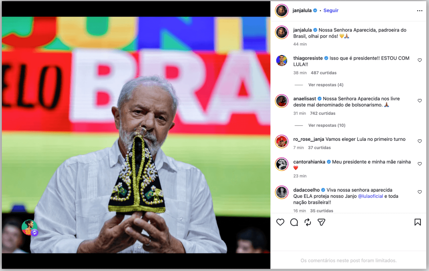 Janja publica foto de Lula com imagem de Nossa Senhora Aparecida