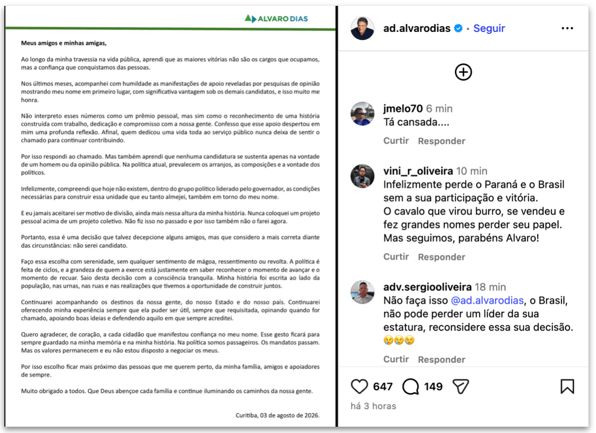 Álvaro Dias desiste de disputar vaga ao Senado pelo Paraná