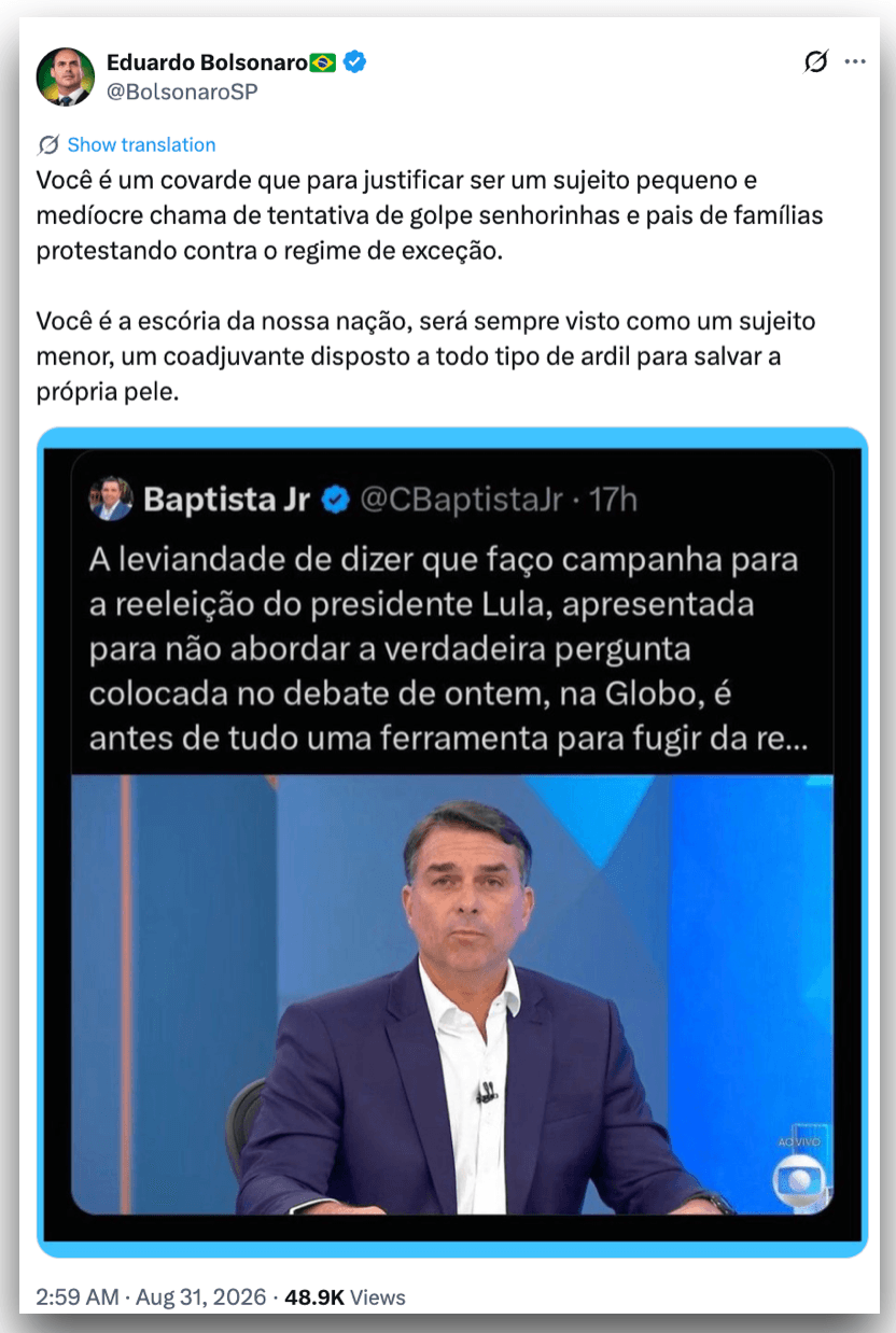 Eduardo Bolsonaro chama ex-comandante da FAB de “escória da nação”
