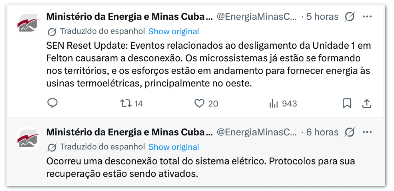 Cuba sofre 3º apagão de energia em 9 dias, diz governo cubano