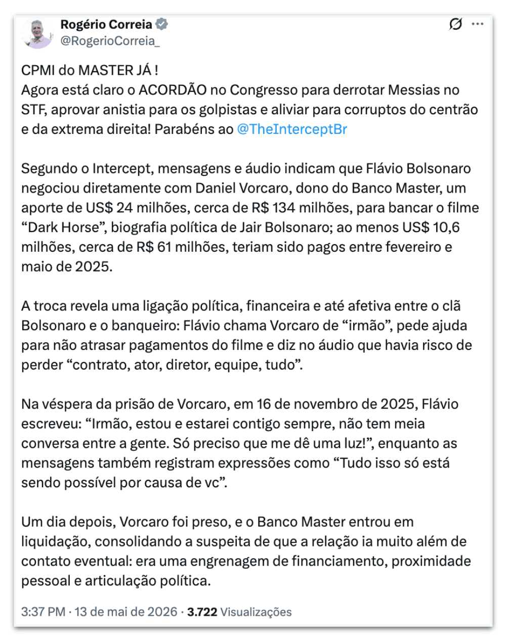 Governistas pedem CPI do Master após áudio de Flávio e Vorcaro