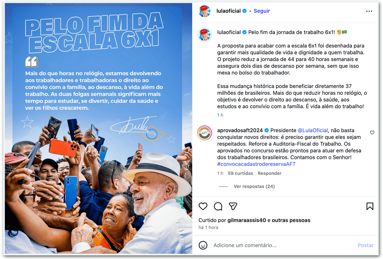Sem mencionar pauta parada no Senado, Lula defende fim da 6 X 1