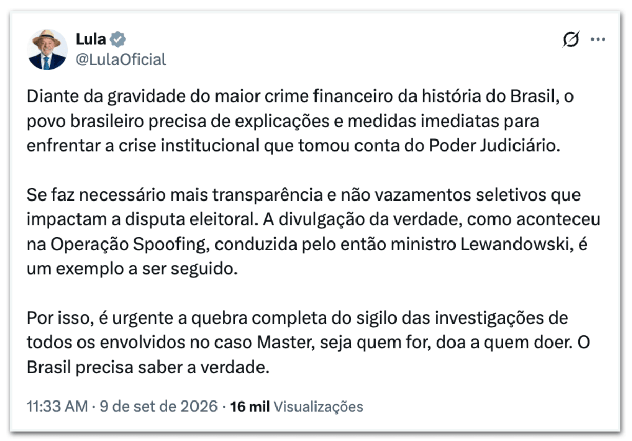 Lula quebra silêncio sobre Master e pede abertura de todos os sigilos
