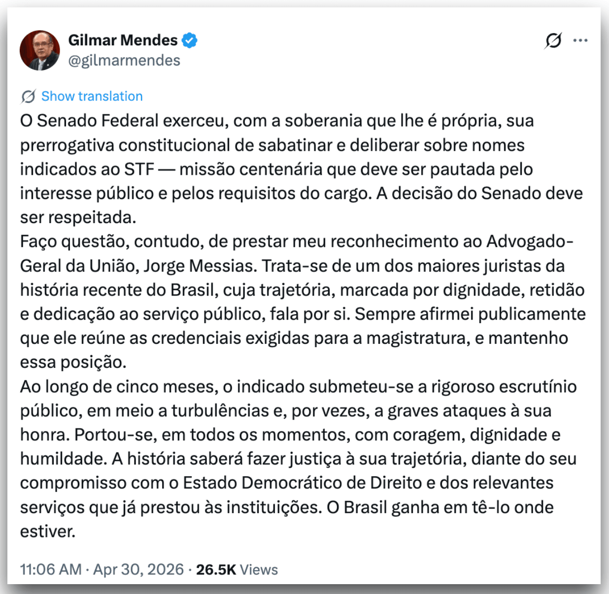 Gilmar Mendes defende Jorge Messias após rejeição no Senado