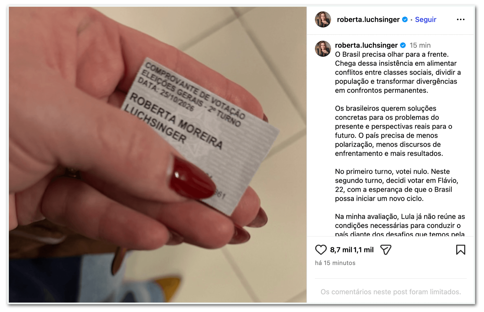 Ex-apoiadora de Lula, Roberta Luchsinger diz ter votado em Flávio