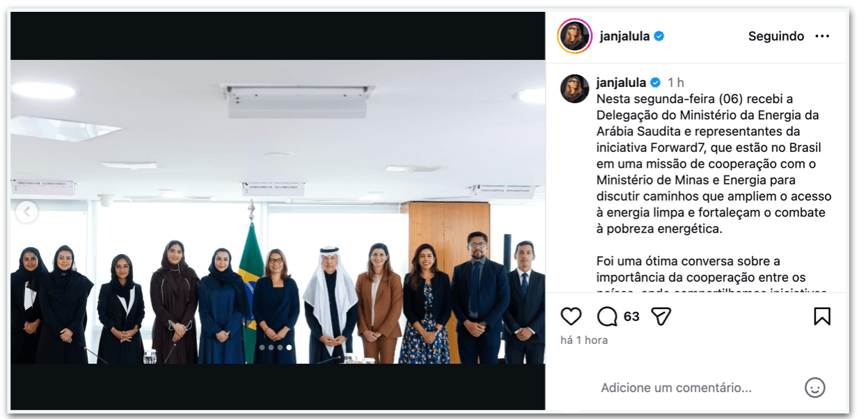 Janja se reúne com delegação do Ministério da Energia da Arábia Saudita