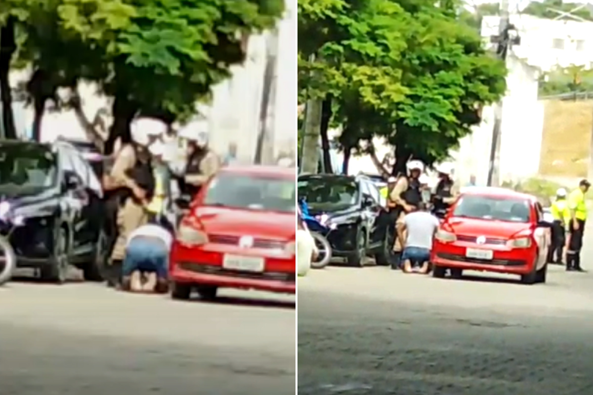 Motorista ajoelha e implora para PM não apreender carro irregular. Vídeo