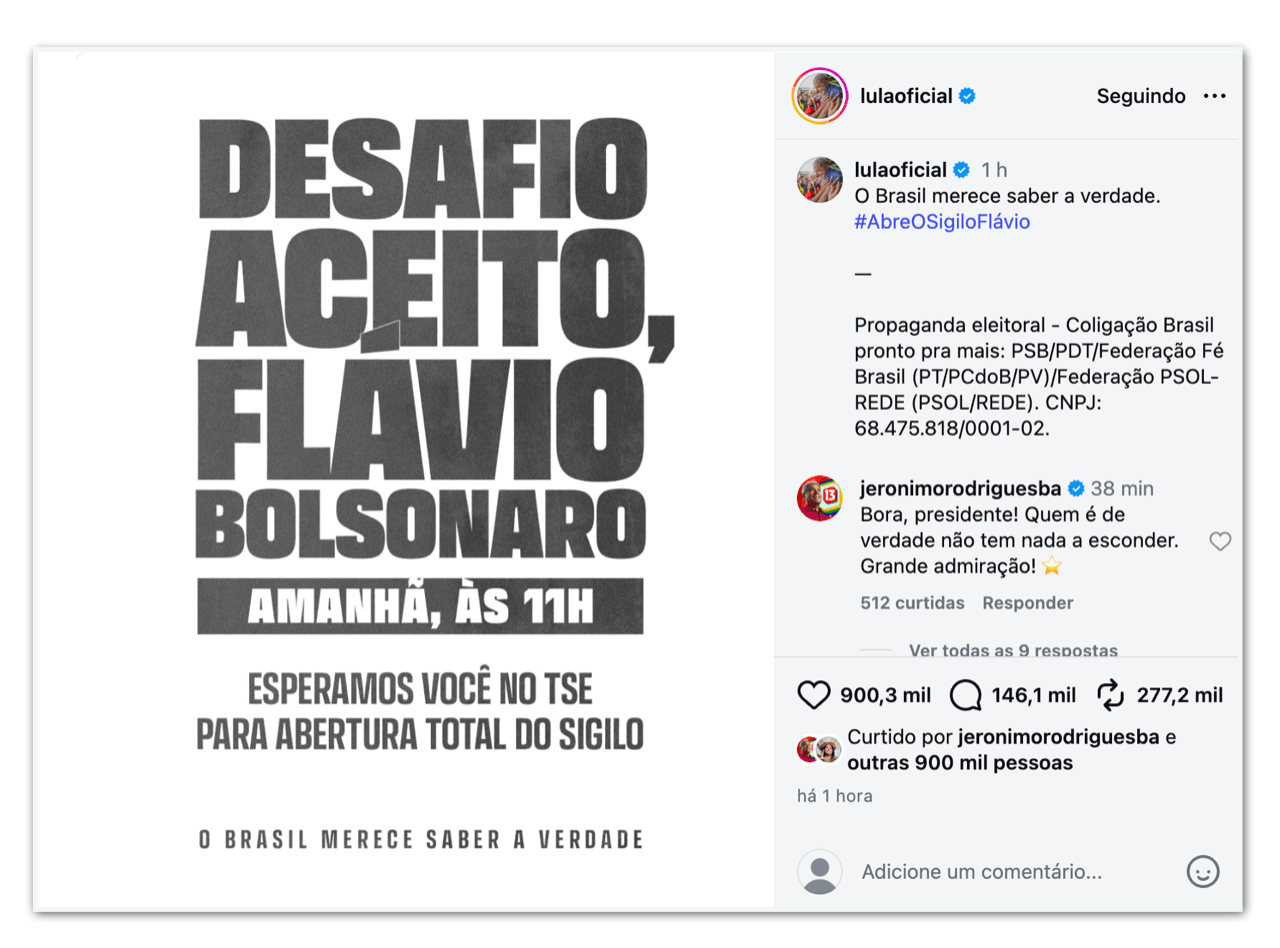 Lula faz convite a Flávio para abrir sigilos nesta 5ª feira no TSE
