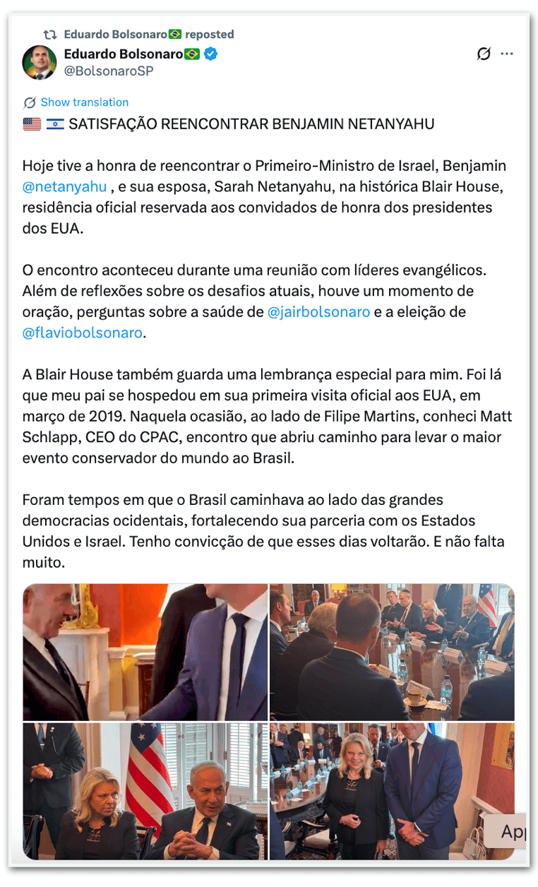 Eduardo encontra Netanyahu em reunião de líderes evangélicos nos EUA
