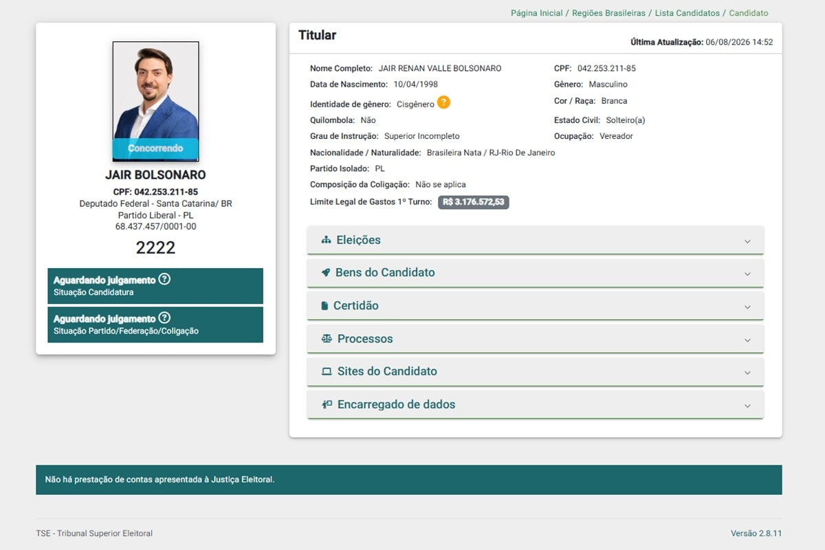 Filho 04, Jair Renan registra "Jair Bolsonaro" como nome na urna