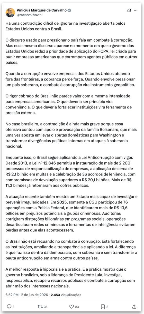 CGU diz ser “hipocrisia” EUA cobrarem combate à corrupção no Brasil