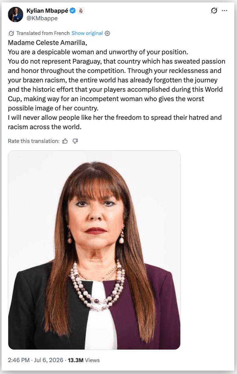 Mbappé reage a ataques racistas de senadora paraguaia