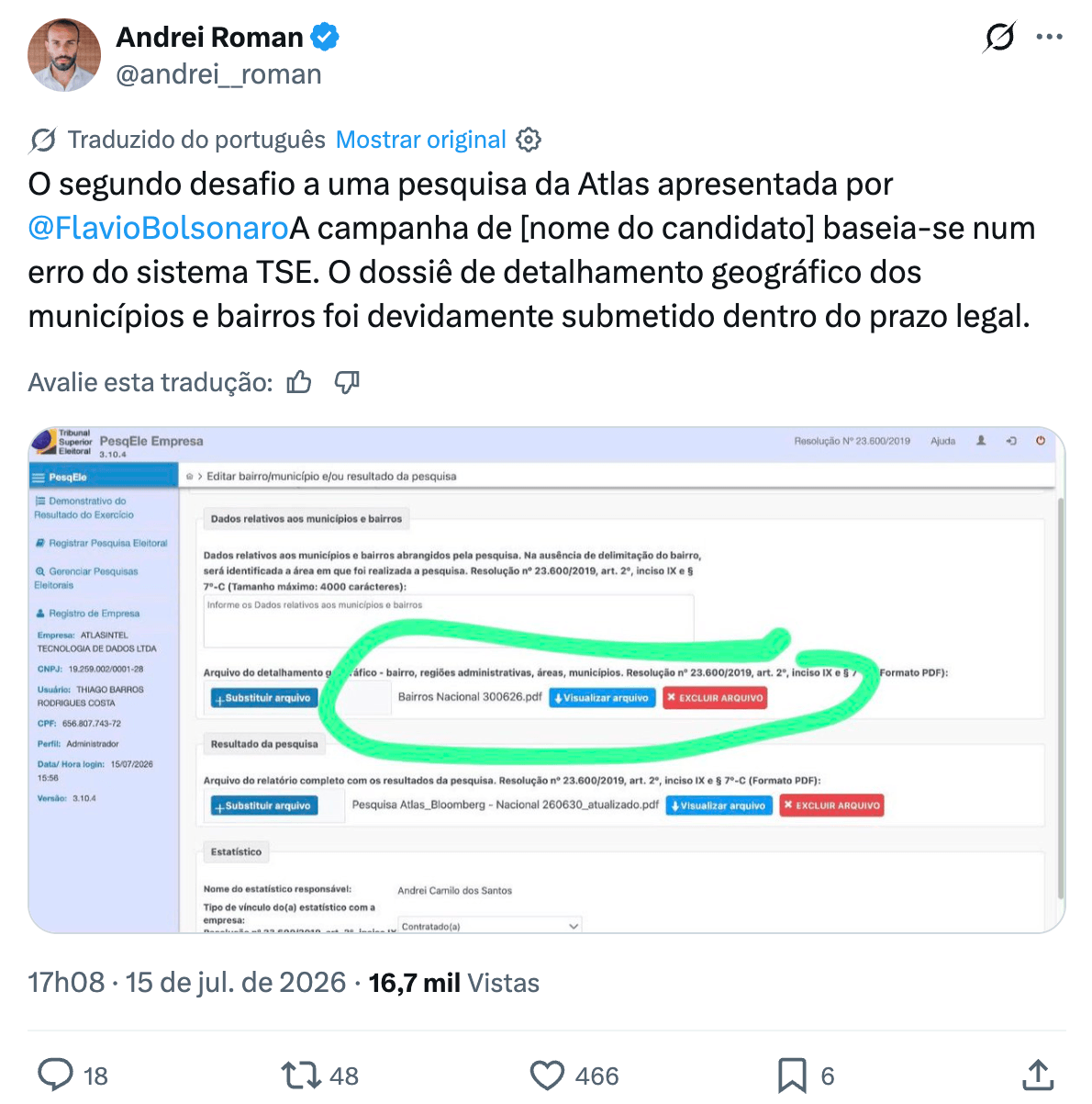 Flávio Bolsonaro aciona TSE contra pesquisa da AtlasIntel