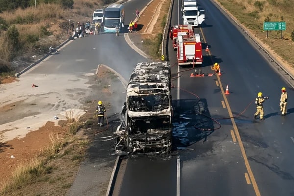 Ônibus com 65 passageiros pega fogo e interdita rodovia em MG