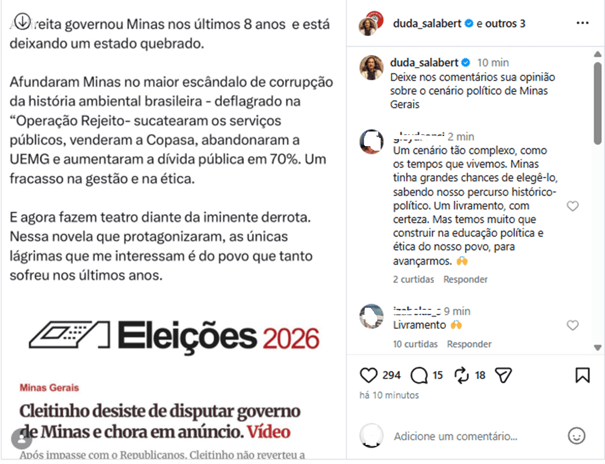 "Rabo preso?", questiona petista de MG sobre desistência de Cleitinho