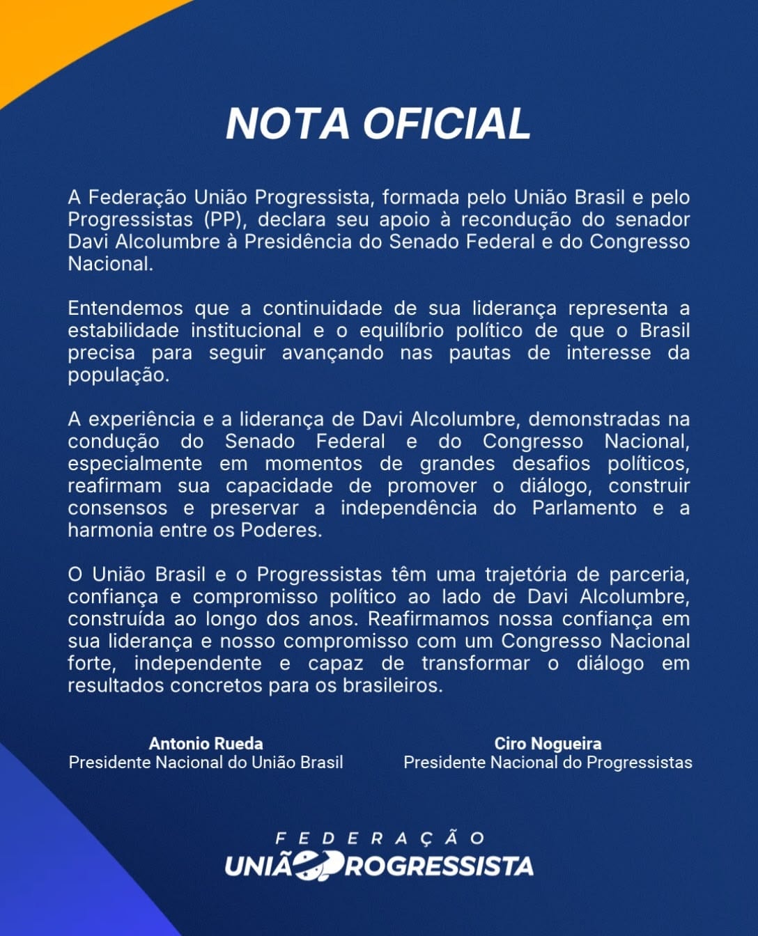 União Progressista declara apoio à reeleição de Davi Alcolumbre