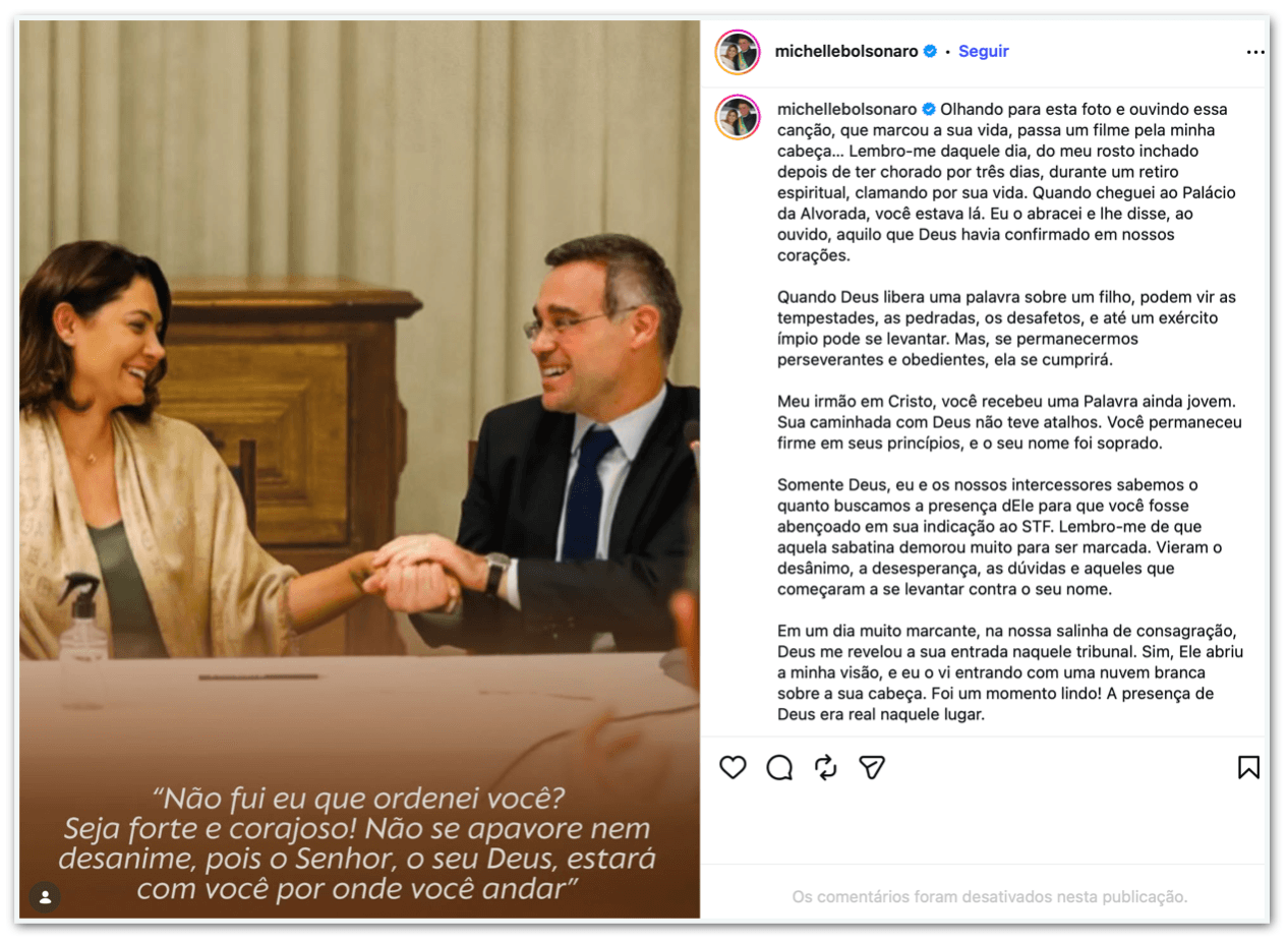 Michelle Bolsonaro apoia Mendonça durante crise no STF