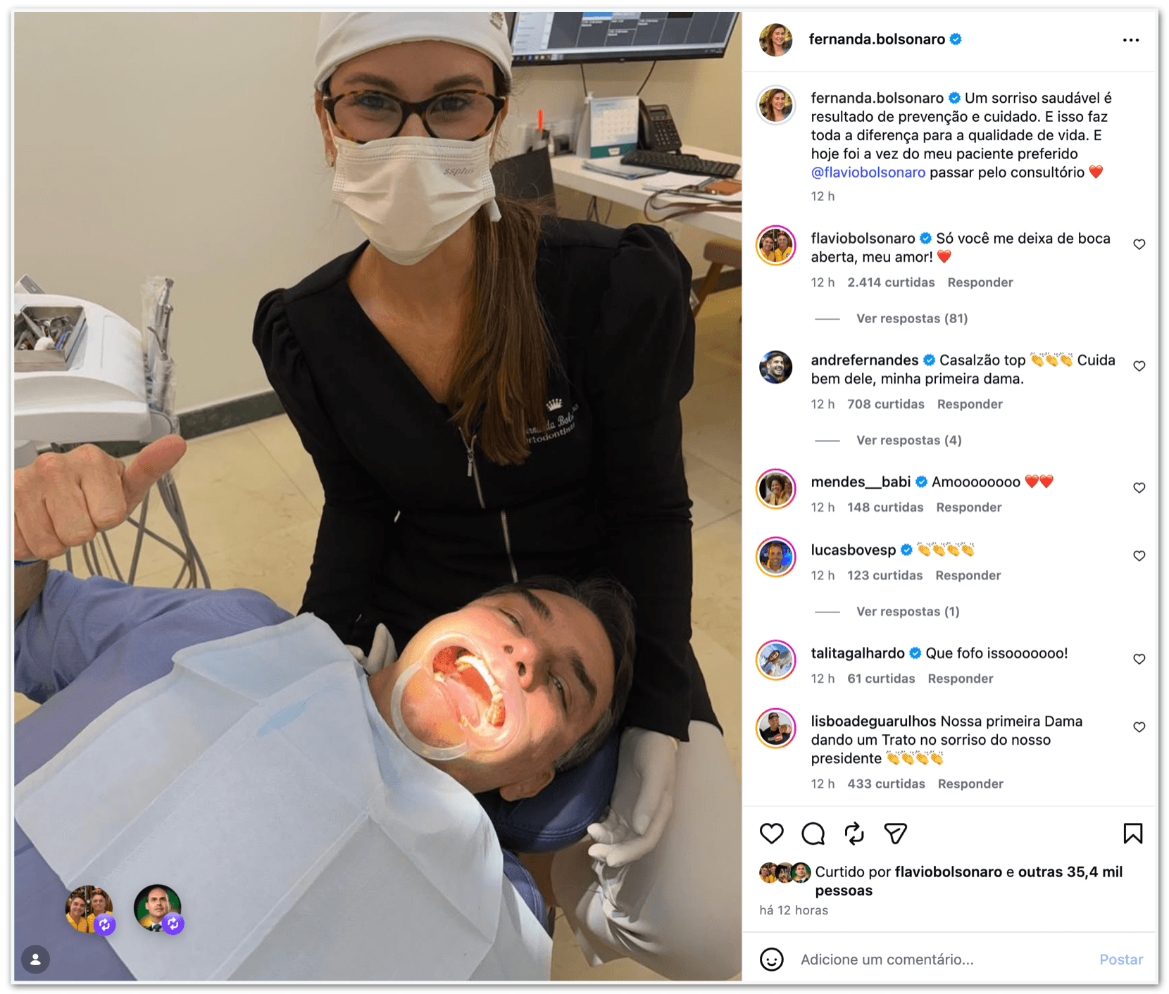Fernanda Bolsonaro, dentista, posta foto com Flávio durante consulta