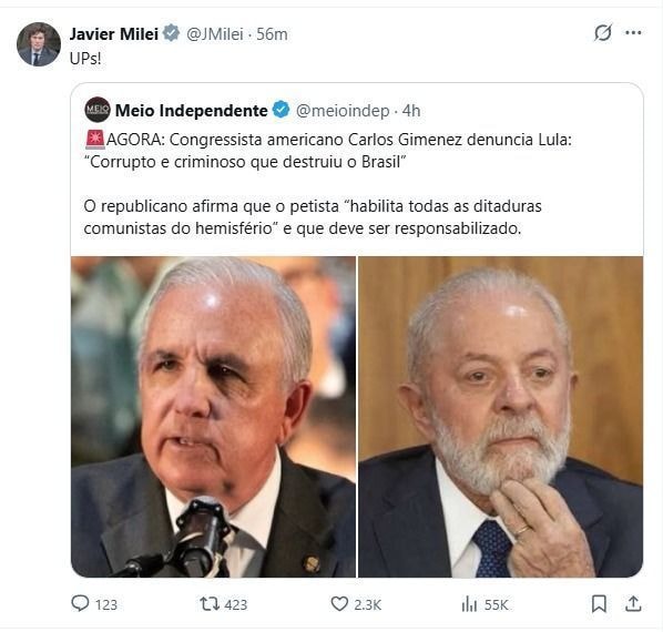 Milei republica postagem com críticas a Lula