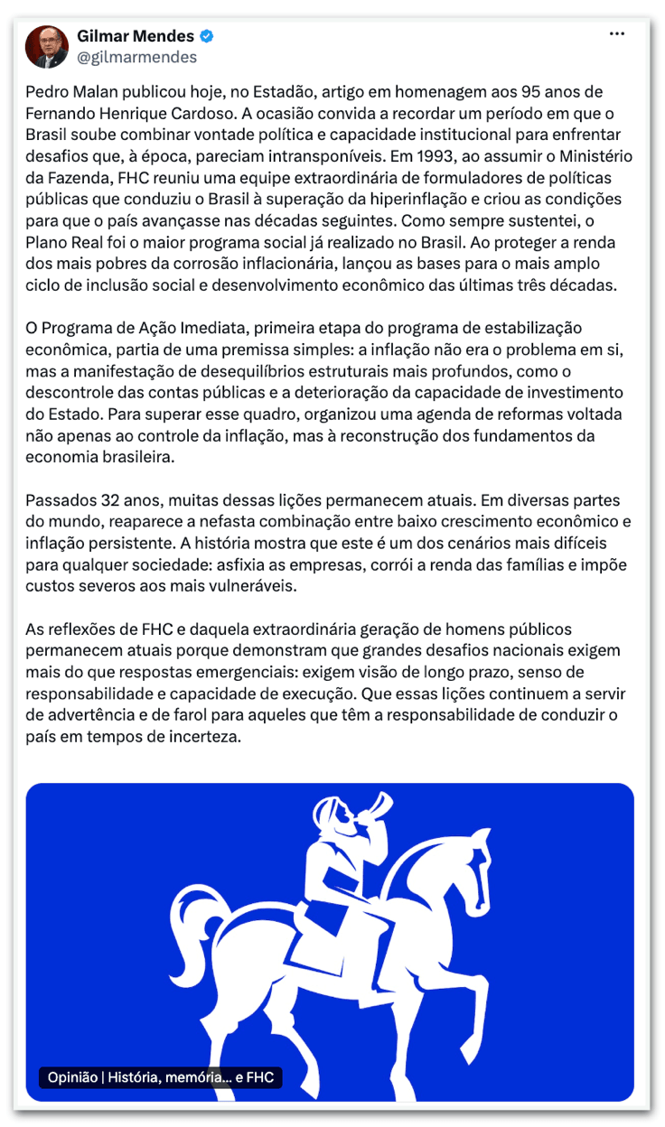 Gilmar elogia FHC e chama Plano Real de maior programa social do país