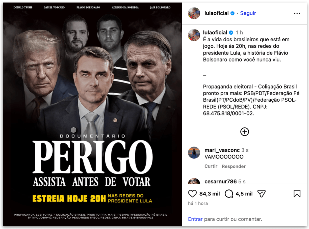 Lula lança documentário “Perigo” sobre Flávio Bolsonaro nesta 6ª feira