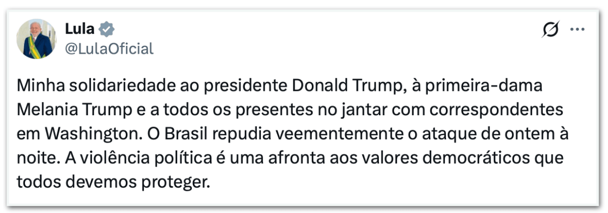 Lula diz que “repudia veementemente” ataque em jantar com Trump